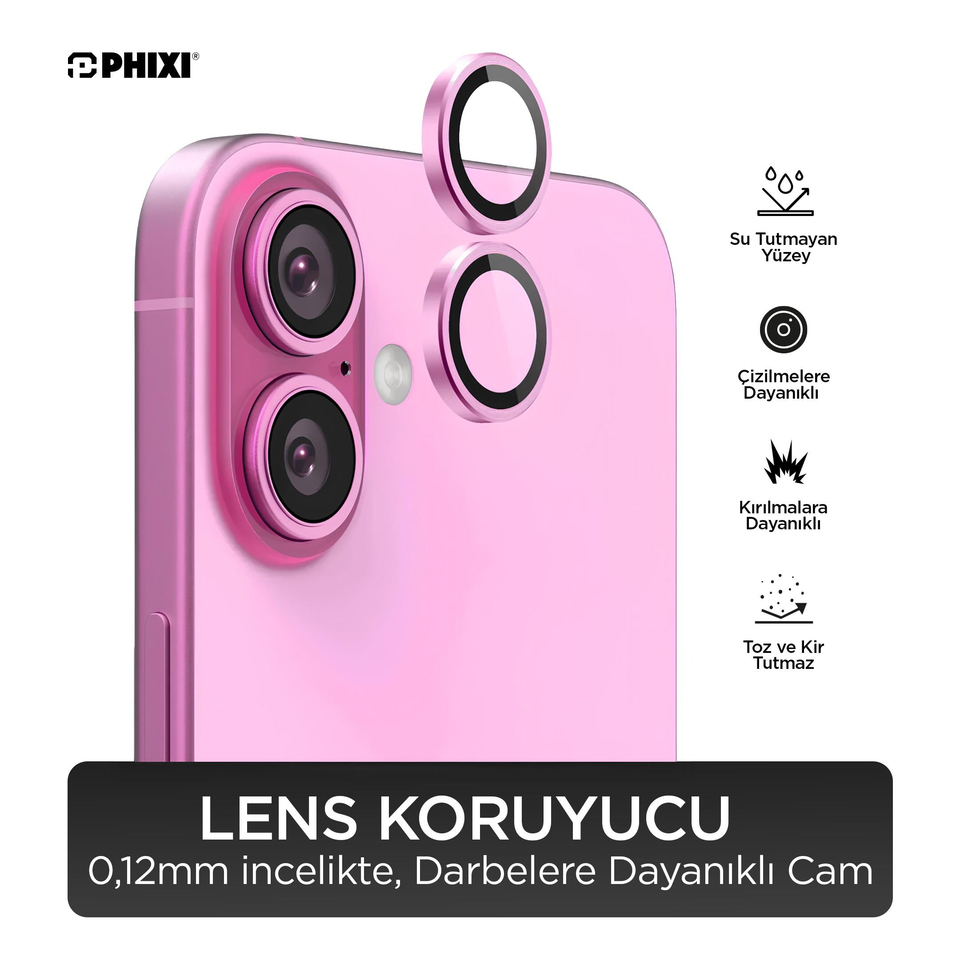Phixi Premium Guard Series – iPhone 16 / Plus Uyumlu Pink Lens Koruyucu | Safir Cam, Kırılmaz, Gerçek Görünüm Camera Lens Protector | Sapphire Glass, Shatterproof, True-to-Life Clarity