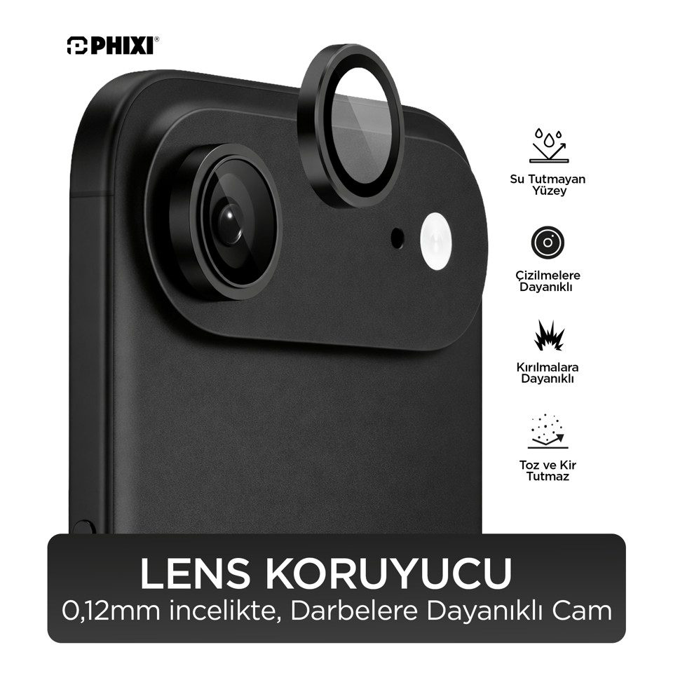 Phixi Premium Guard Serisi – iPhone 17 Air Uyumlu Black Kamera Lens Koruyucu | Safir Cam, Kırılmaz, Gerçek Görünüm