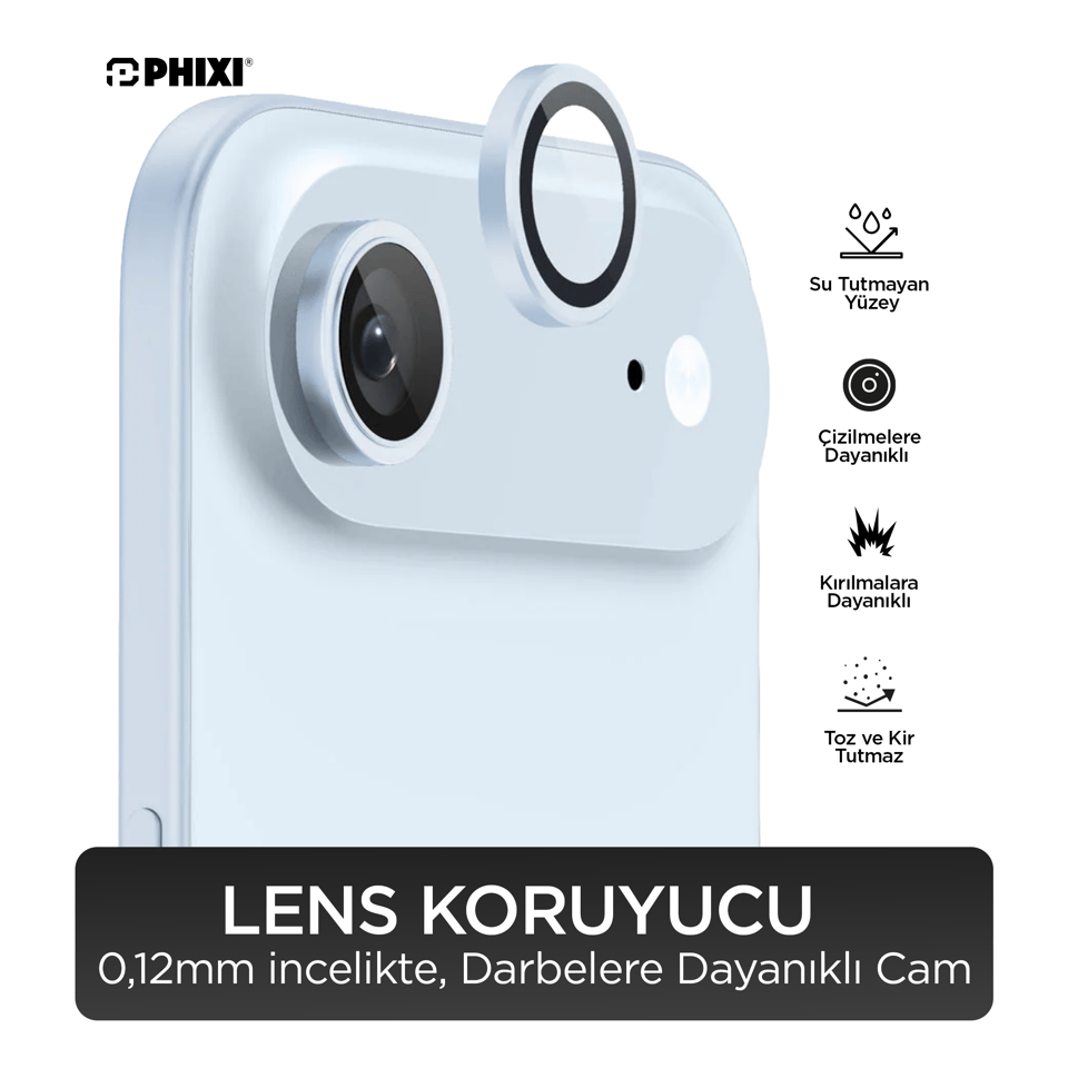 Phixi Premium Guard Serisi – iPhone 17 Air Uyumlu Blue Kamera Lens Koruyucu | Safir Cam, Kırılmaz, Gerçek Görünüm