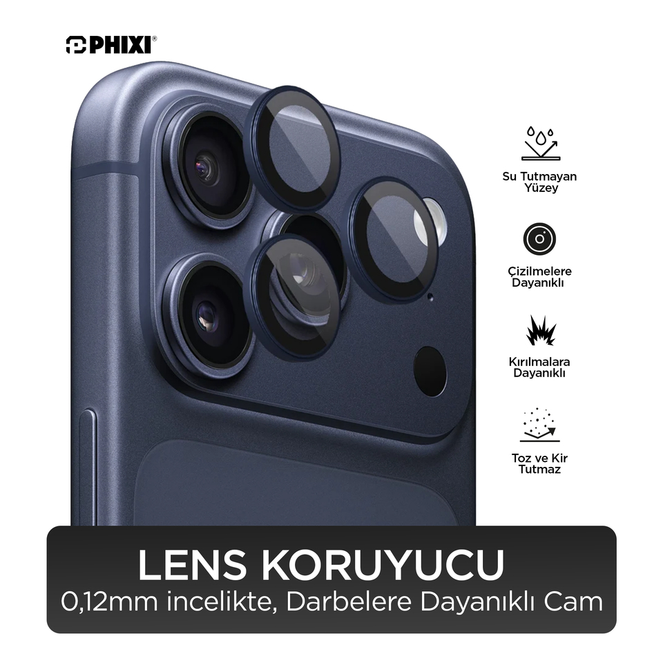 Phixi Premium Guard Serisi – iPhone 17 Pro / Pro Max Uyumlu Blue Kamera Lens Koruyucu | Safir Cam, Kırılmaz, Gerçek Görünüm