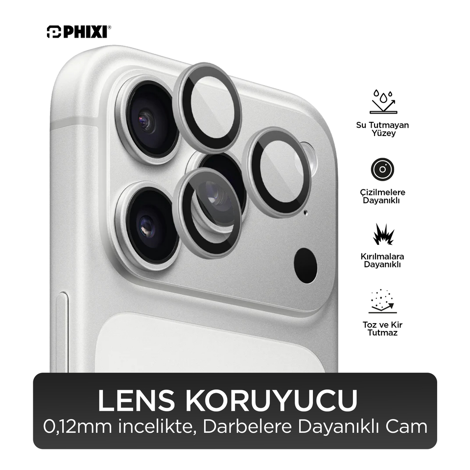 Phixi Premium Guard Serisi – iPhone 17 Pro / Pro Max Uyumlu Silver Kamera Lens Koruyucu | Safir Cam, Kırılmaz, Gerçek Görünüm