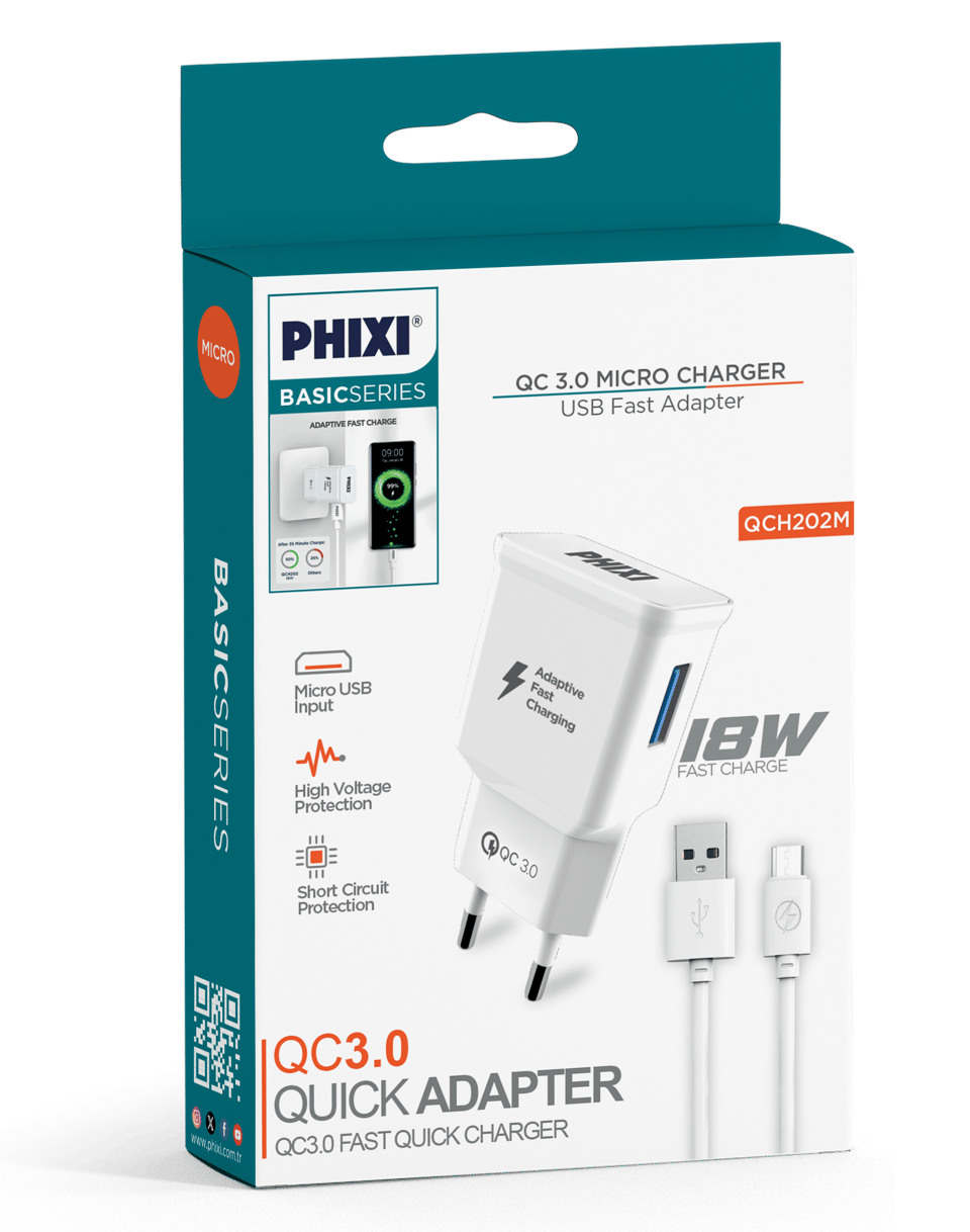 Phixi QCH202M Basic 12V / 3A Qualcomm 3.0 Micro USB Kablolu Hızlı Şarj Cihazı