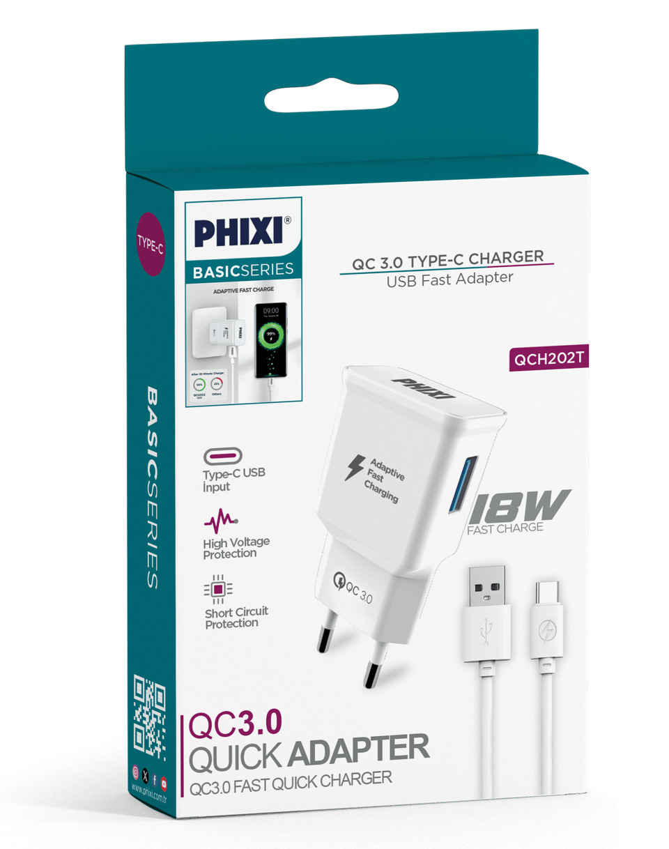 Phixi QCH202T Basic 12V / 3A Qualcomm 3.0 Type-C USB Kablolu Hızlı Şarj Cihazı