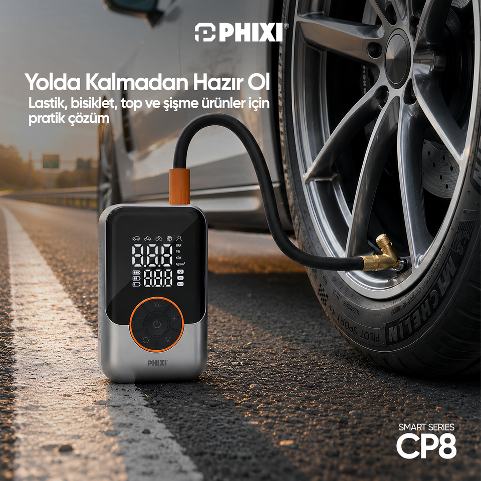 PHIXI Smart CP8 150 PSI Dijital Ekranlı 3000 mAh Şarjlı Hava Kompresörü