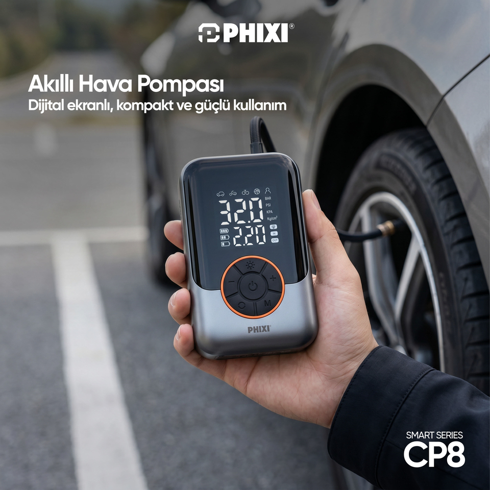 PHIXI Smart CP8 150 PSI Dijital Ekranlı 3000 mAh Şarjlı Hava Kompresörü