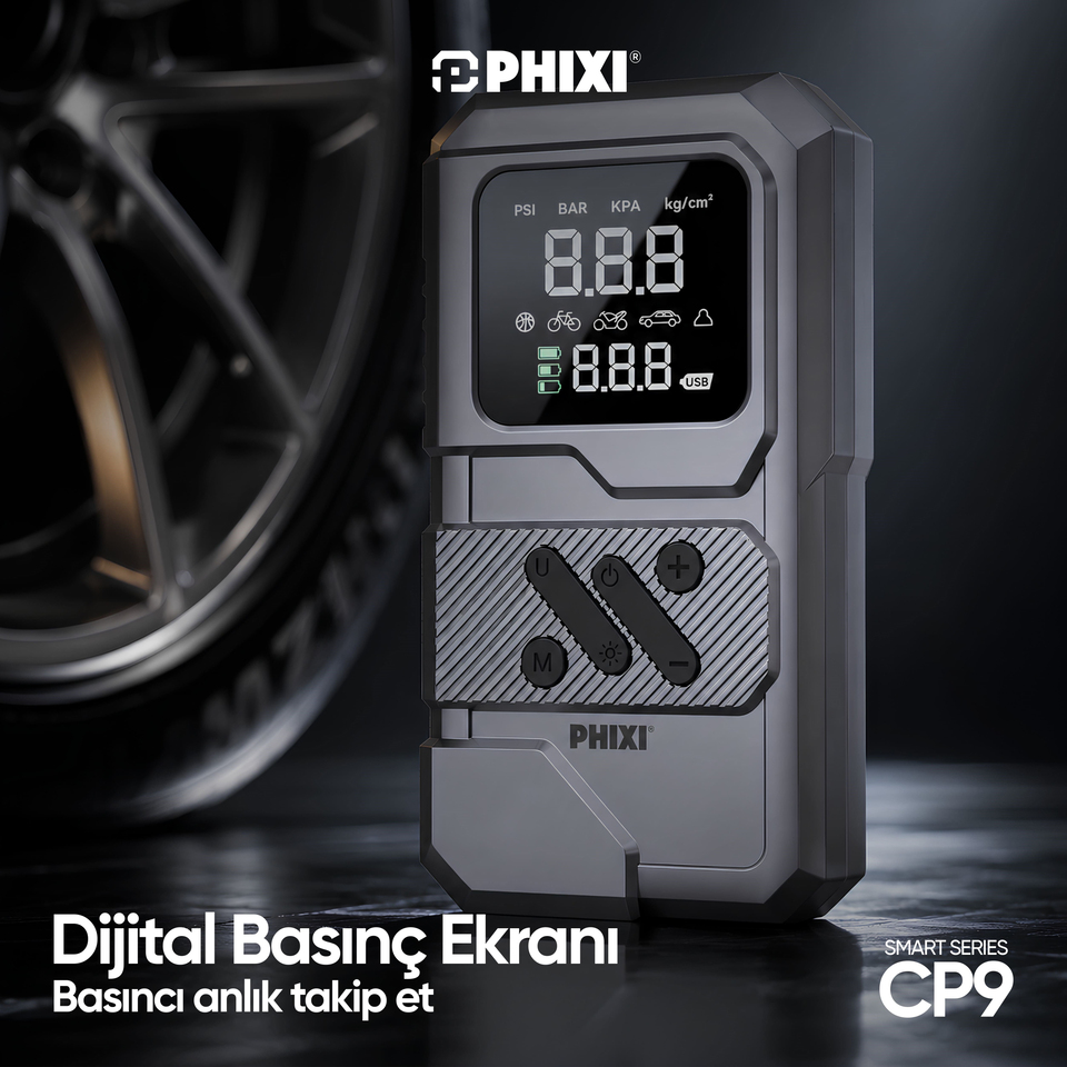 PHIXI Smart CP9 250 PSI 8000 mAh Akü Takviyeli Şarjlı Hava Kompresörü