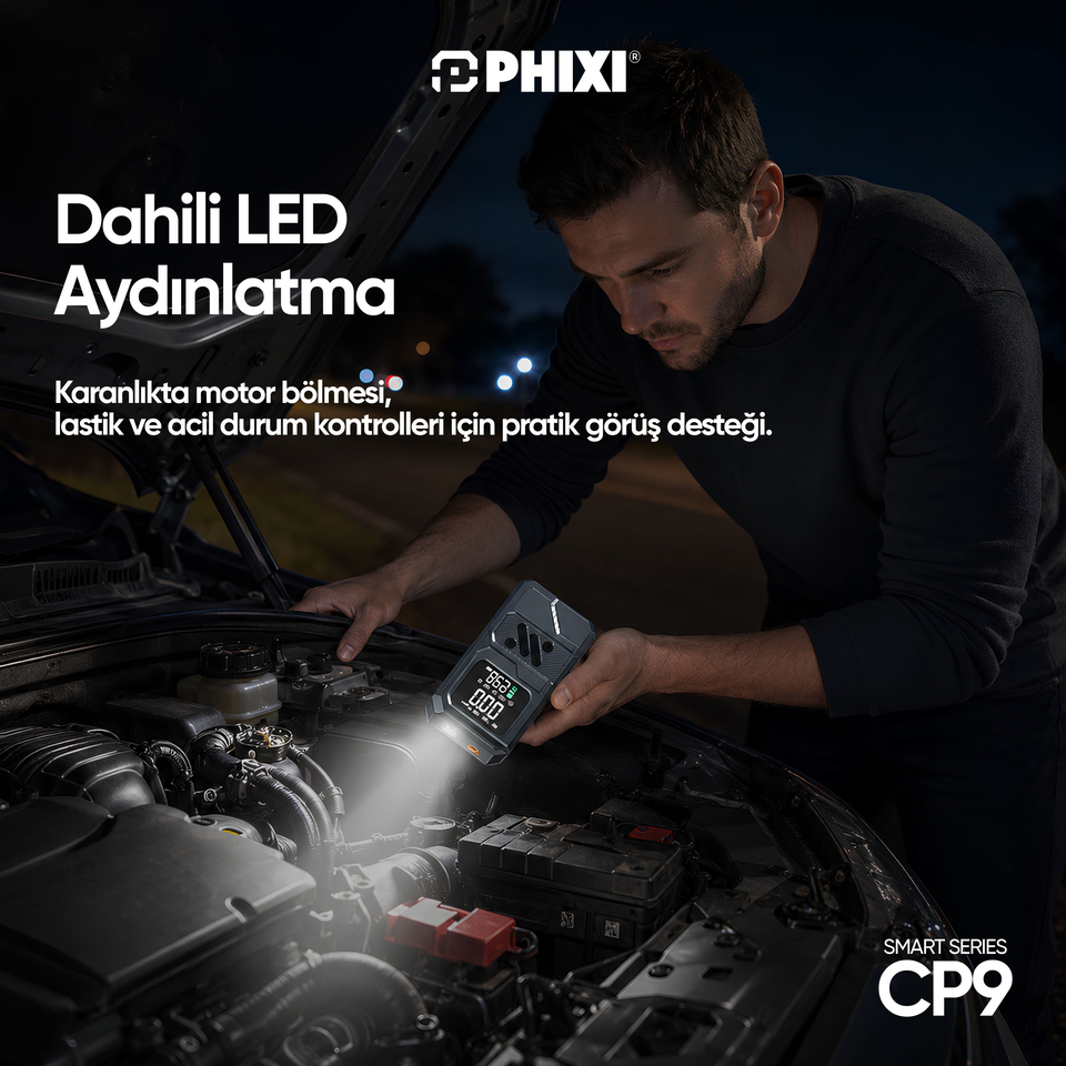 PHIXI Smart CP9 250 PSI 8000 mAh Akü Takviyeli Şarjlı Hava Kompresörü