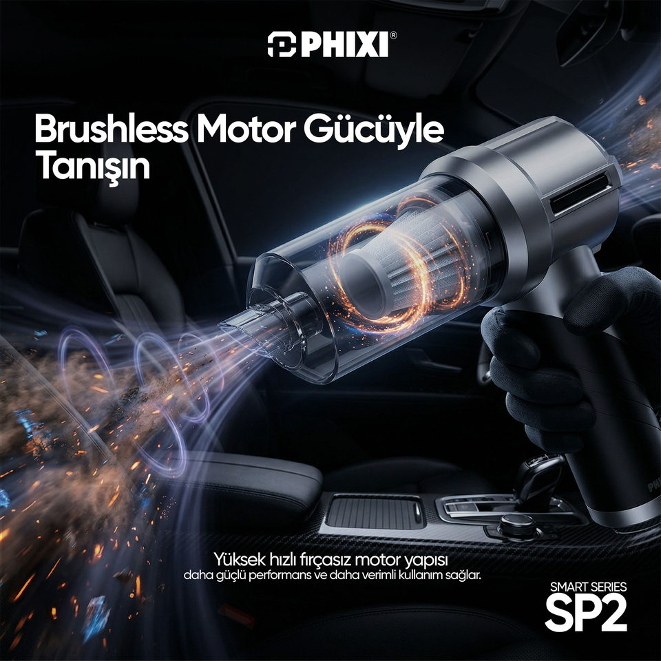 PHIXI Smart SP2 16000 Pa Katlanabilir Şarjlı Araç İçi Süpürge