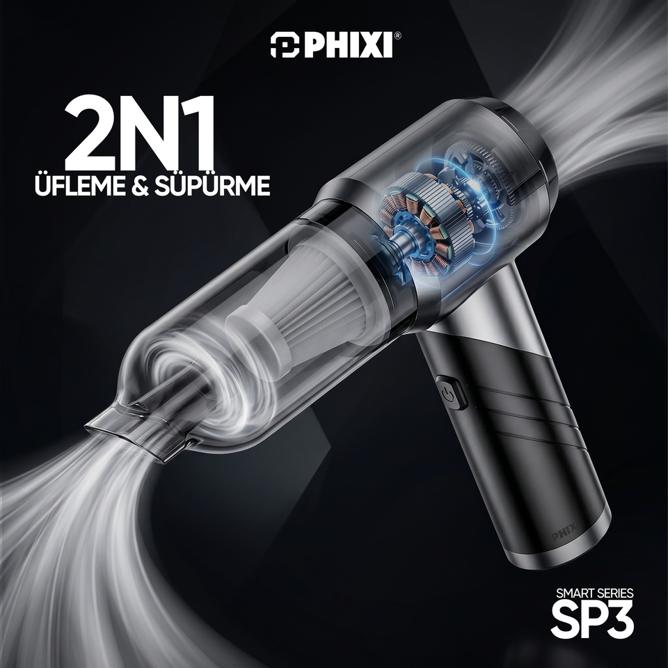 PHIXI Smart SP3 18000 Pa 2si 1 Arada Üfleme ve Süpürme Şarjlı Araç Süpürgesi