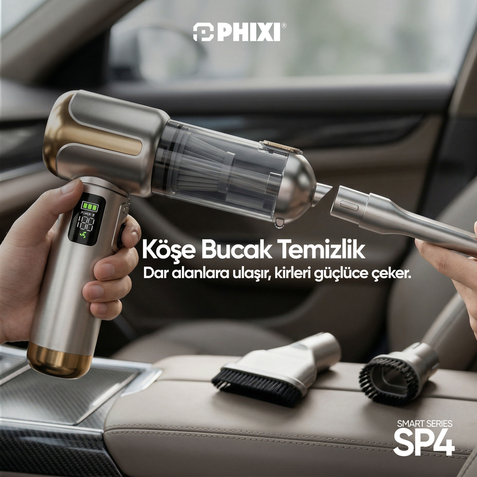 PHIXI Smart SP4 22000 Pa Dijital Göstergeli Şarjlı Araç İçi Süpürge