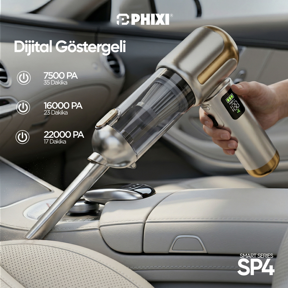 PHIXI Smart SP4 22000 Pa Dijital Göstergeli Şarjlı Araç İçi Süpürge