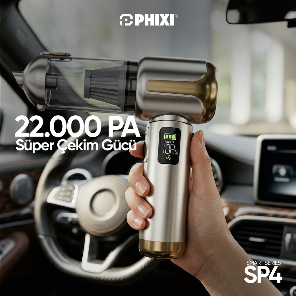 PHIXI Smart SP4 22000 Pa Dijital Göstergeli Şarjlı Araç İçi Süpürge