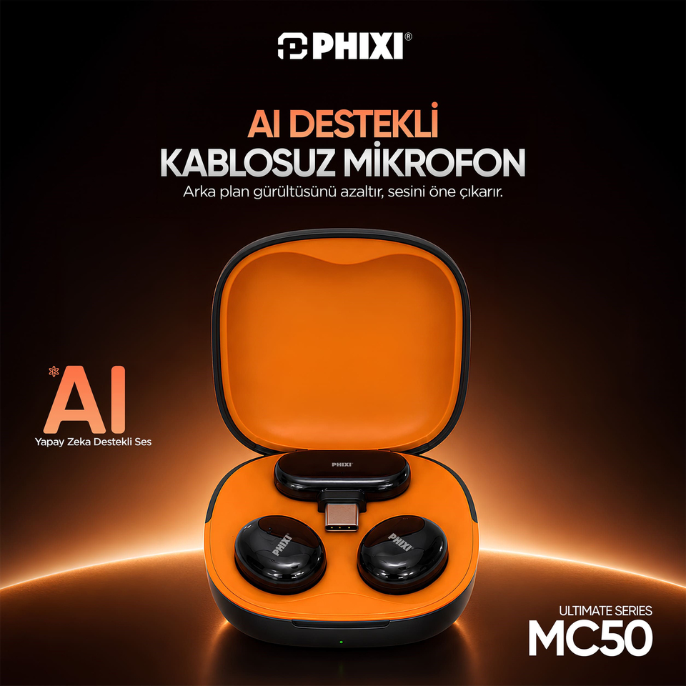 PHIXI Ultimate MC50 Yapay Zeka Destekli ANC Kablosuz Yaka Mikrofonu