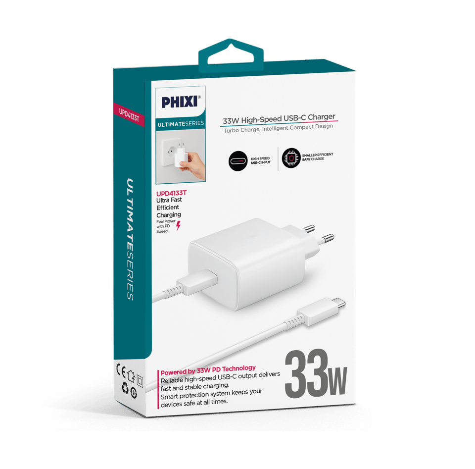 PHIXI UPD4133T 33W PD Hızlı Şarj Adaptörü Type-C Kablolu