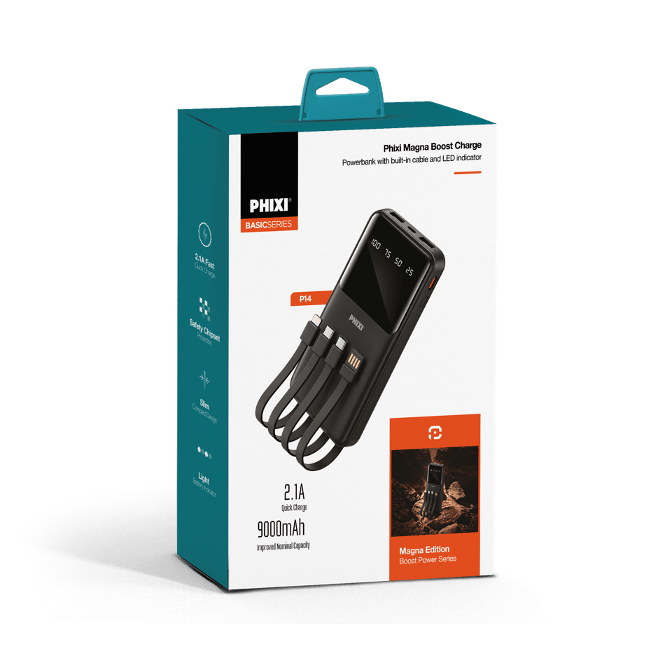 PHIXI Basic P14 9000mAh 2.1A Powerbank – 4 Dahili Kablo, Dijital Gösterge