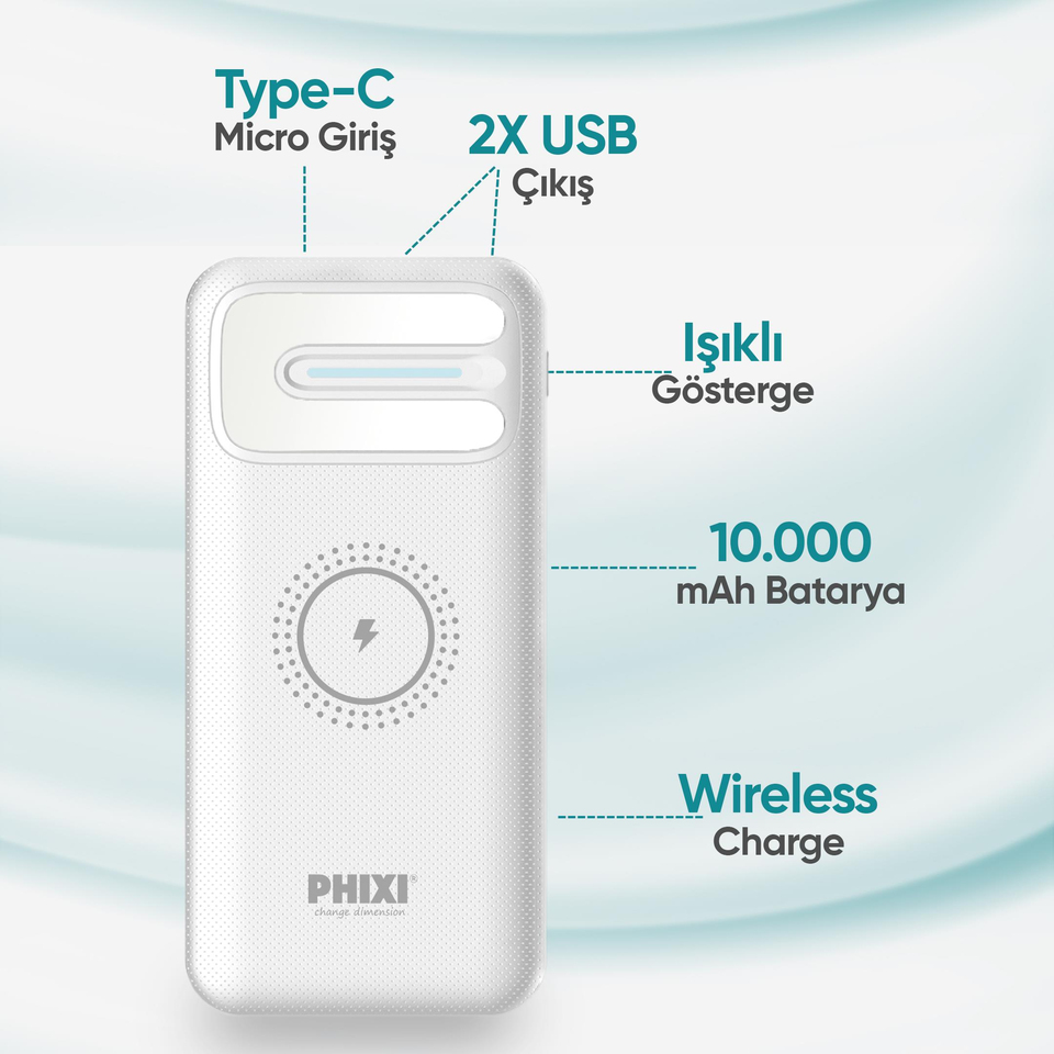 Phixi Basic PW11 10.000mAh Wireless Şarj Çift Çıkışlı Led Göstergeli Powerbank