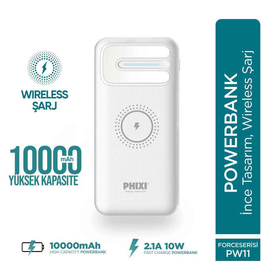 Phixi Basic PW11 10.000mAh Wireless Şarj Çift Çıkışlı Led Göstergeli Powerbank