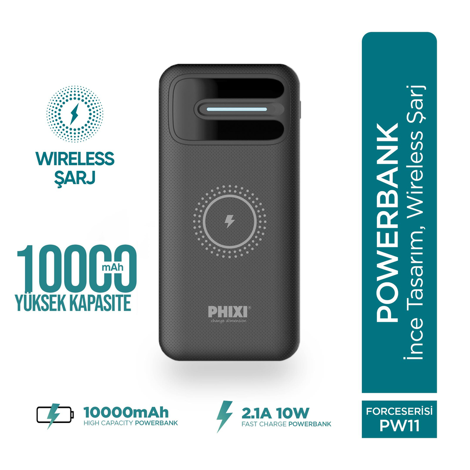 Phixi Basic PW11 10.000mAh Wireless Şarj Çift Çıkışlı Led Göstergeli Powerbank