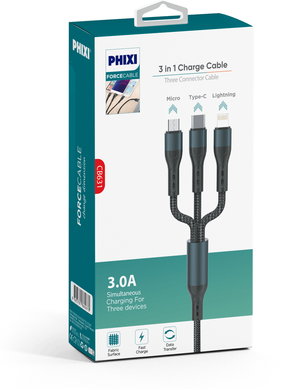 Phixi Force CB631 Örgülü ve Güçlendirilmiş 100 Cm Çoklu Şarj ve Data Kablosu