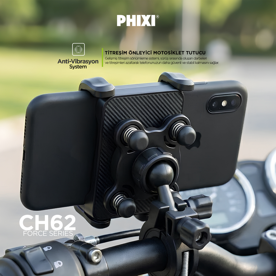 PHIXI Force CH62 Anti-Vibrasyonlu Motosiklet Telefon Tutucu 360° Döner Dikiz Ayna Bağlantılı Stand