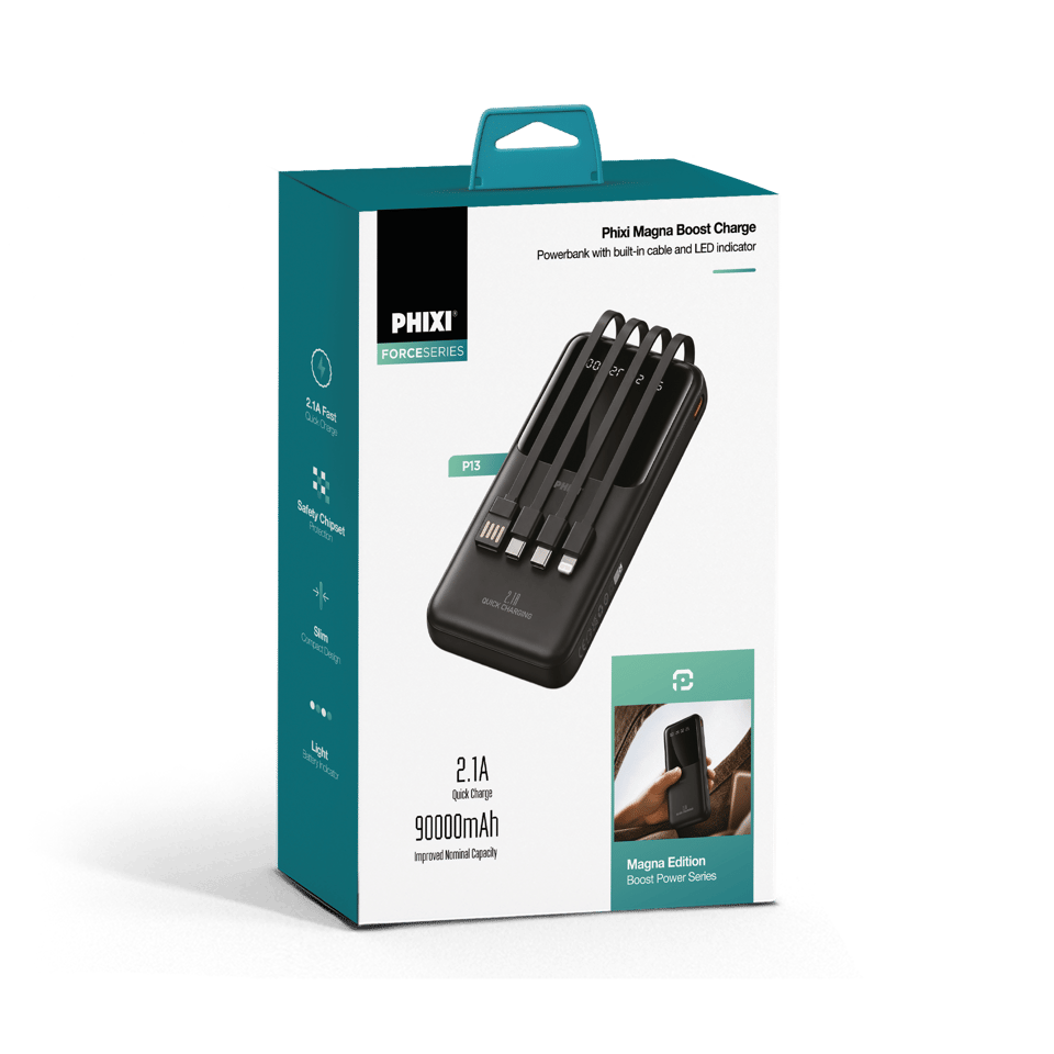 PHIXI Force P13 90000mAh 2.1A Hızlı Şarj Powerbank – 4 Dahili Kablo, Dijital Gösterge