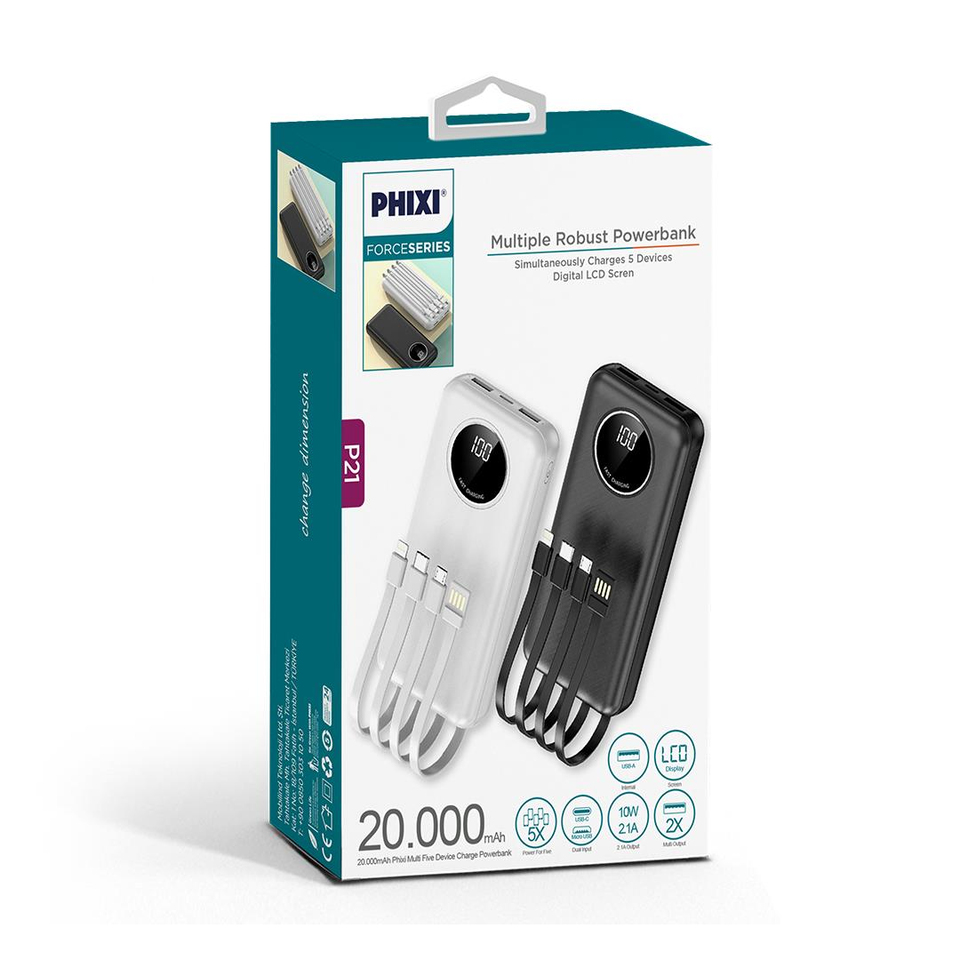 Phixi Force P21 LED Ekranlı Micro Lightning Type-C ve USB-A Kablolu 20.000mAh Powerbank
