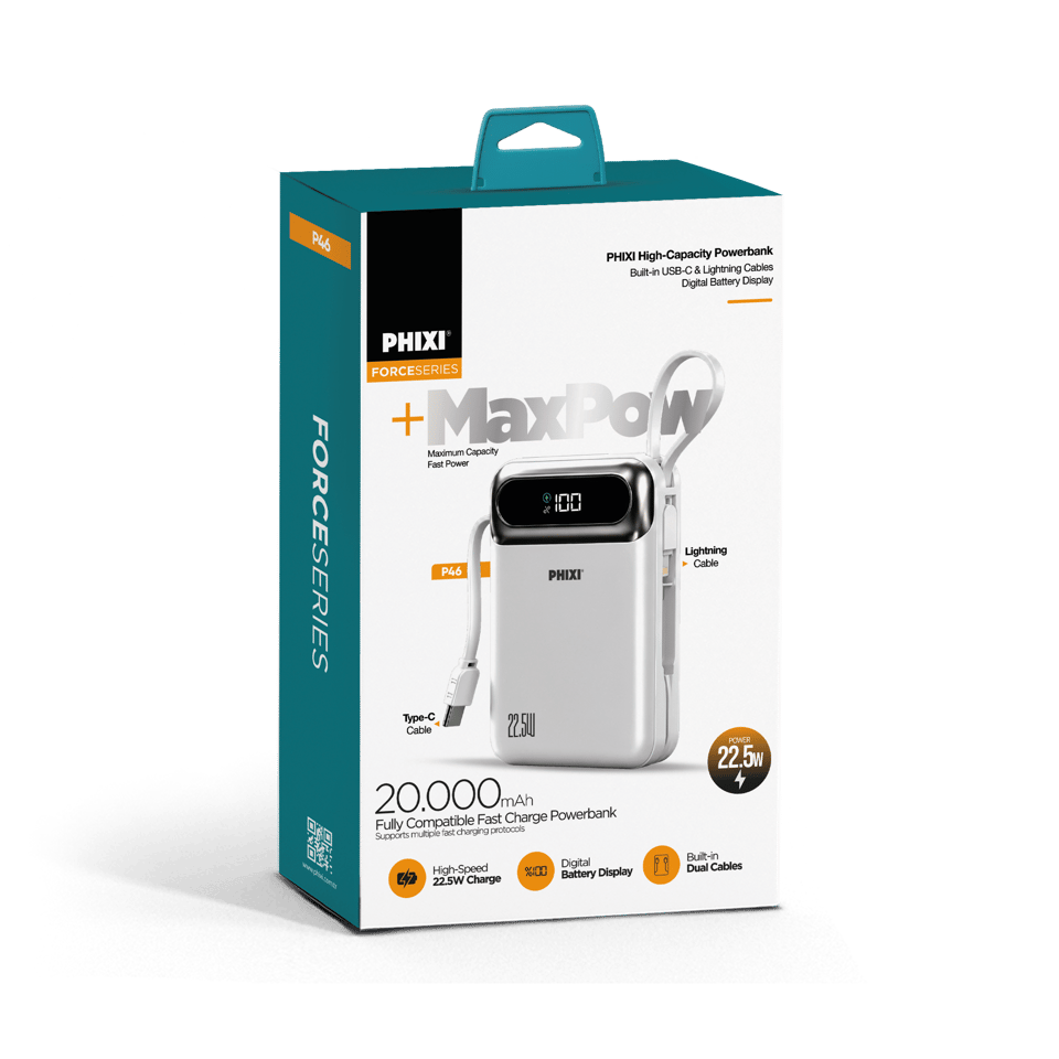 PHIXI Force P46 20000mAh 22.5W Hızlı Şarj Powerbank – Dahili Type-C & Lightning Kablo, Dijital Gösterge