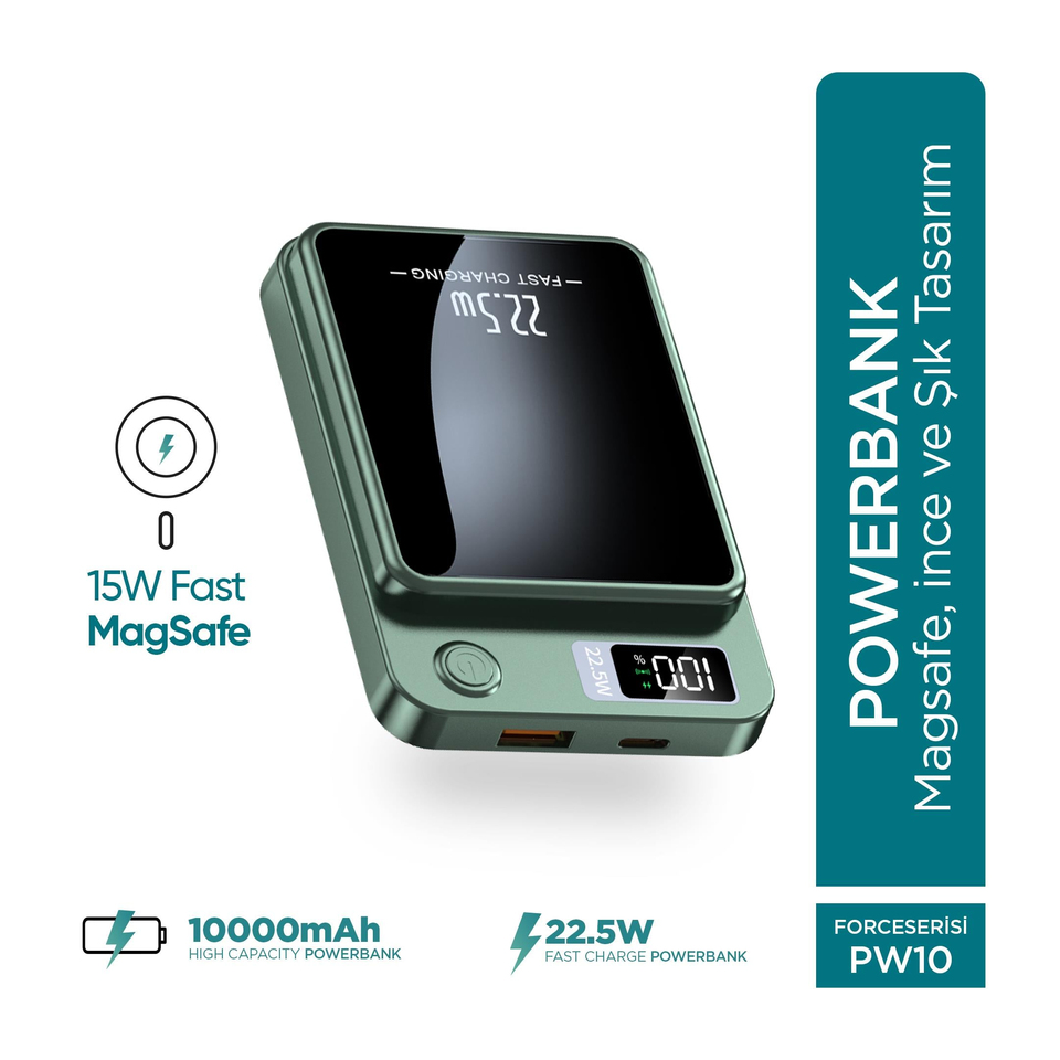 Phixi Force PW10 10000mAh 22.5W MagSafe Powerbank  - Kablosuz Mini Şarj Cihazı - 1 USB 1 PD Port - Dijital Ekran - Taşınabilir Şarj Cihazı