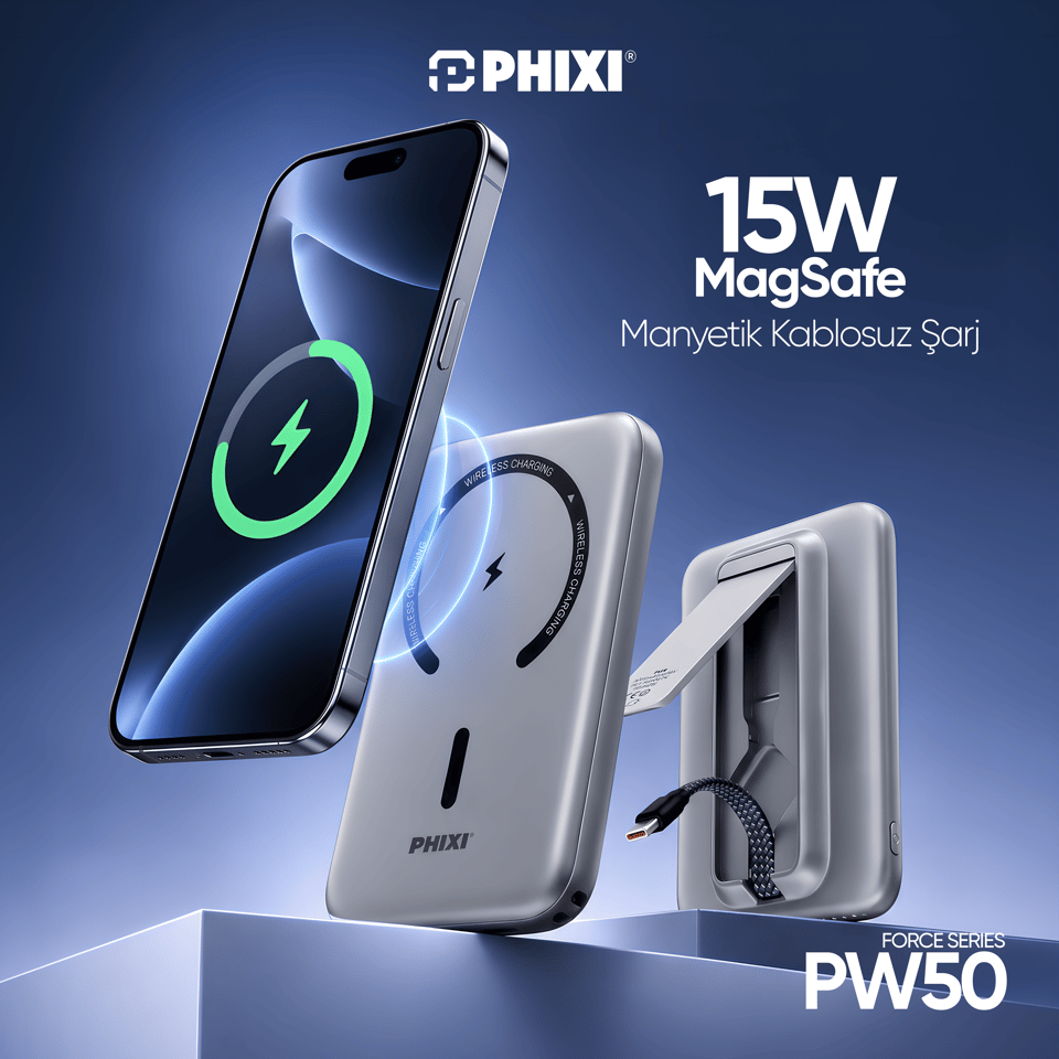 PHIXI Force PW50 5000mAh 22.5W MagSafe Powerbank – Dahili Type-C Kablo, Katlanabilir Stand