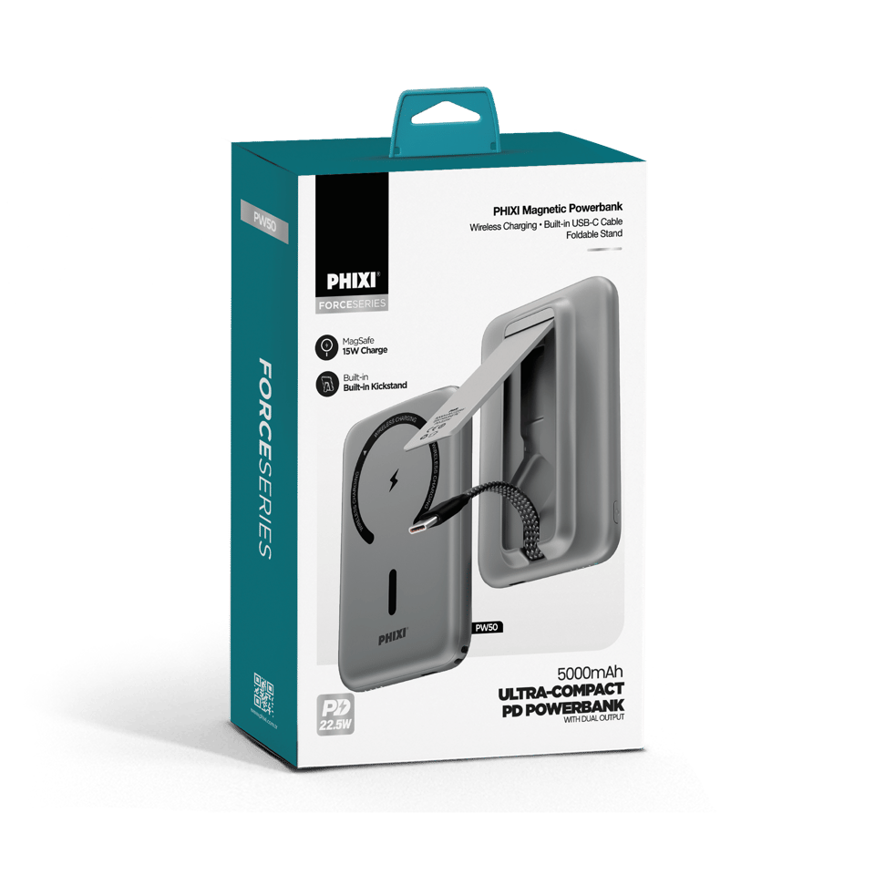PHIXI Force PW50 5000mAh 22.5W MagSafe Powerbank – Dahili Type-C Kablo, Katlanabilir Stand