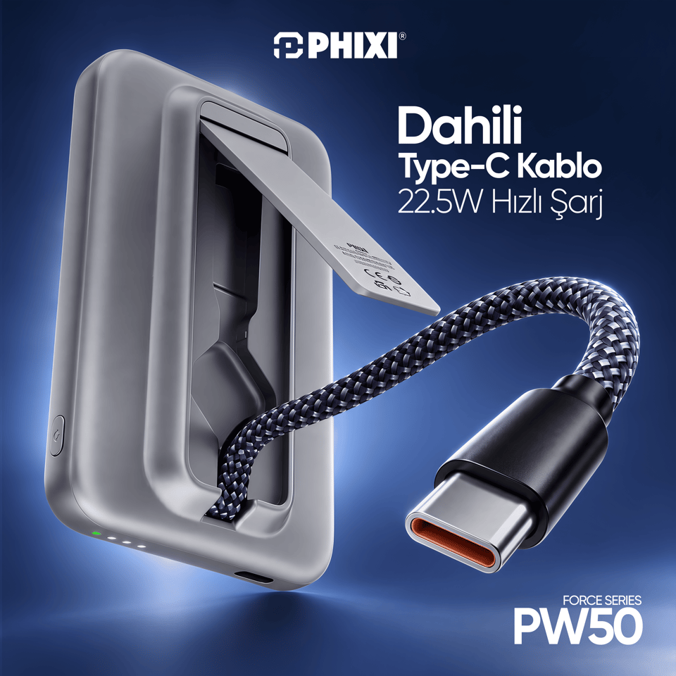 PHIXI Force PW50 5000mAh 22.5W MagSafe Powerbank – Dahili Type-C Kablo, Katlanabilir Stand