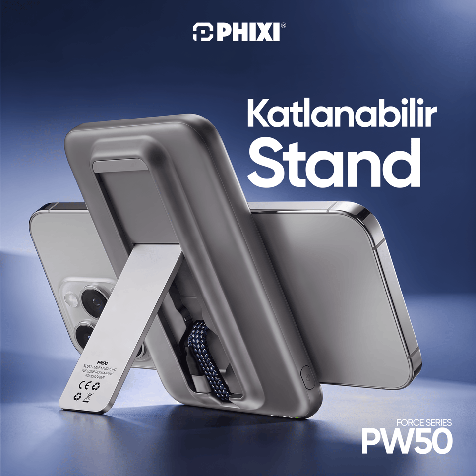 PHIXI Force PW50 5000mAh 22.5W MagSafe Powerbank – Dahili Type-C Kablo, Katlanabilir Stand