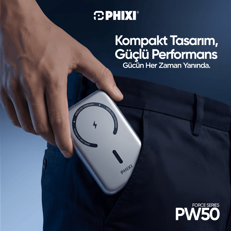 PHIXI Force PW50 5000mAh 22.5W MagSafe Powerbank – Dahili Type-C Kablo, Katlanabilir Stand