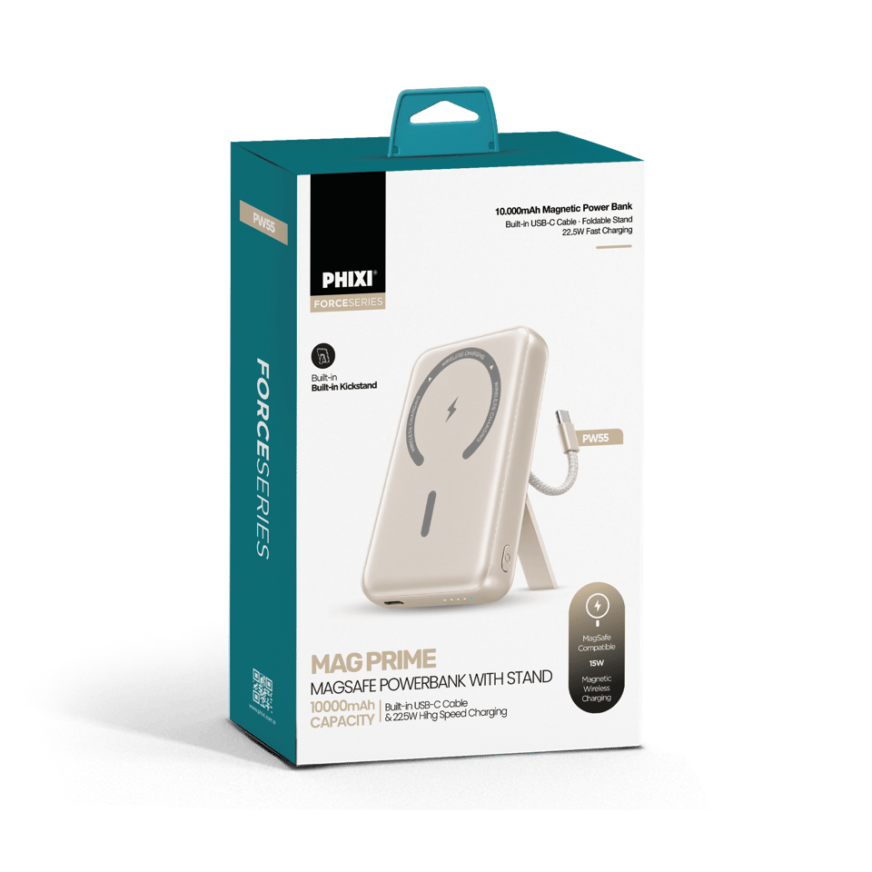 PHIXI Force PW55 10000mAh 22.5W MagSafe Powerbank – Dahili Type-C Kablo, Stand