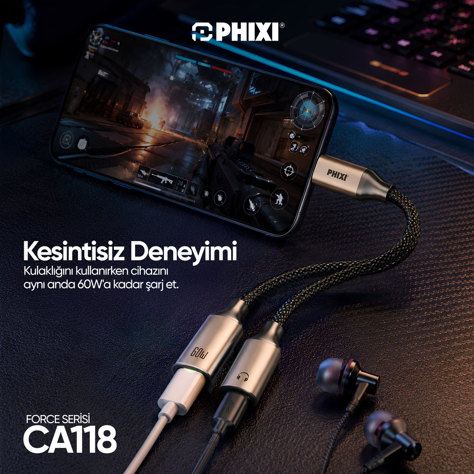 PHIXI Force Serisi CA118 Type-C Çift Çıkış Ses ve 60W Hızlı Şarj Adaptörü
