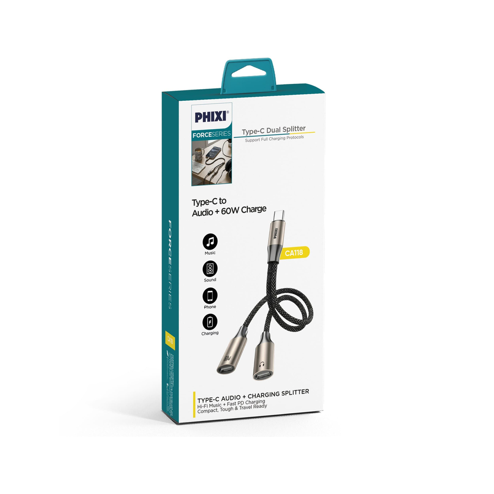 PHIXI Force Serisi CA118 Type-C Çift Çıkış Ses ve 60W Hızlı Şarj Adaptörü