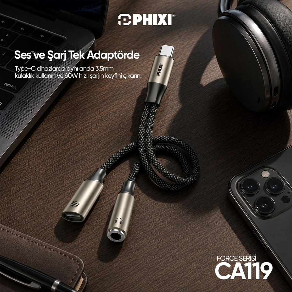 PHIXI Force Serisi CA119 Type-C to 3.5mm + 60W Type-C Ses ve Şarj Adaptörü