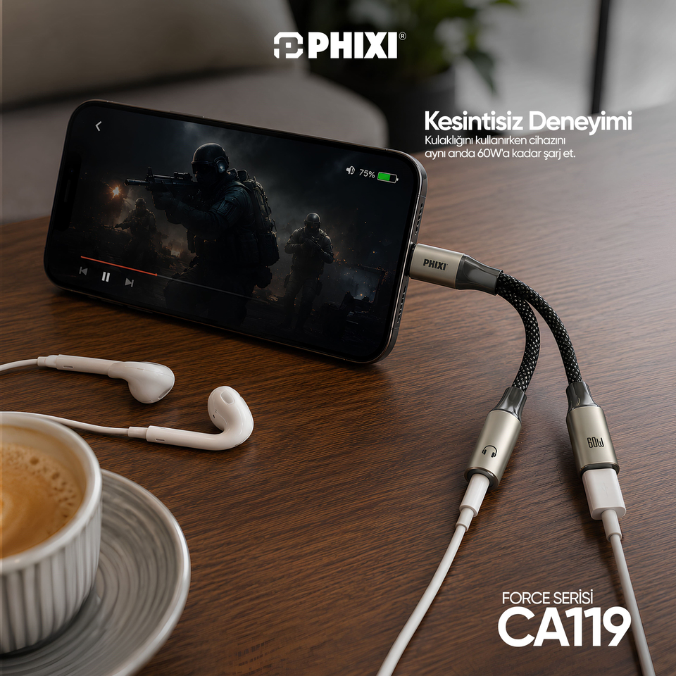 PHIXI Force Serisi CA119 Type-C to 3.5mm + 60W Type-C Ses ve Şarj Adaptörü