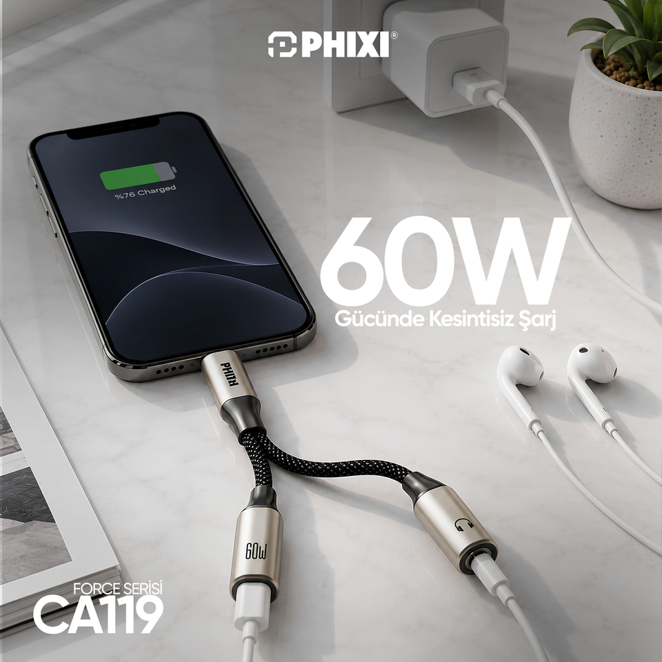 PHIXI Force Serisi CA119 Type-C to 3.5mm + 60W Type-C Ses ve Şarj Adaptörü