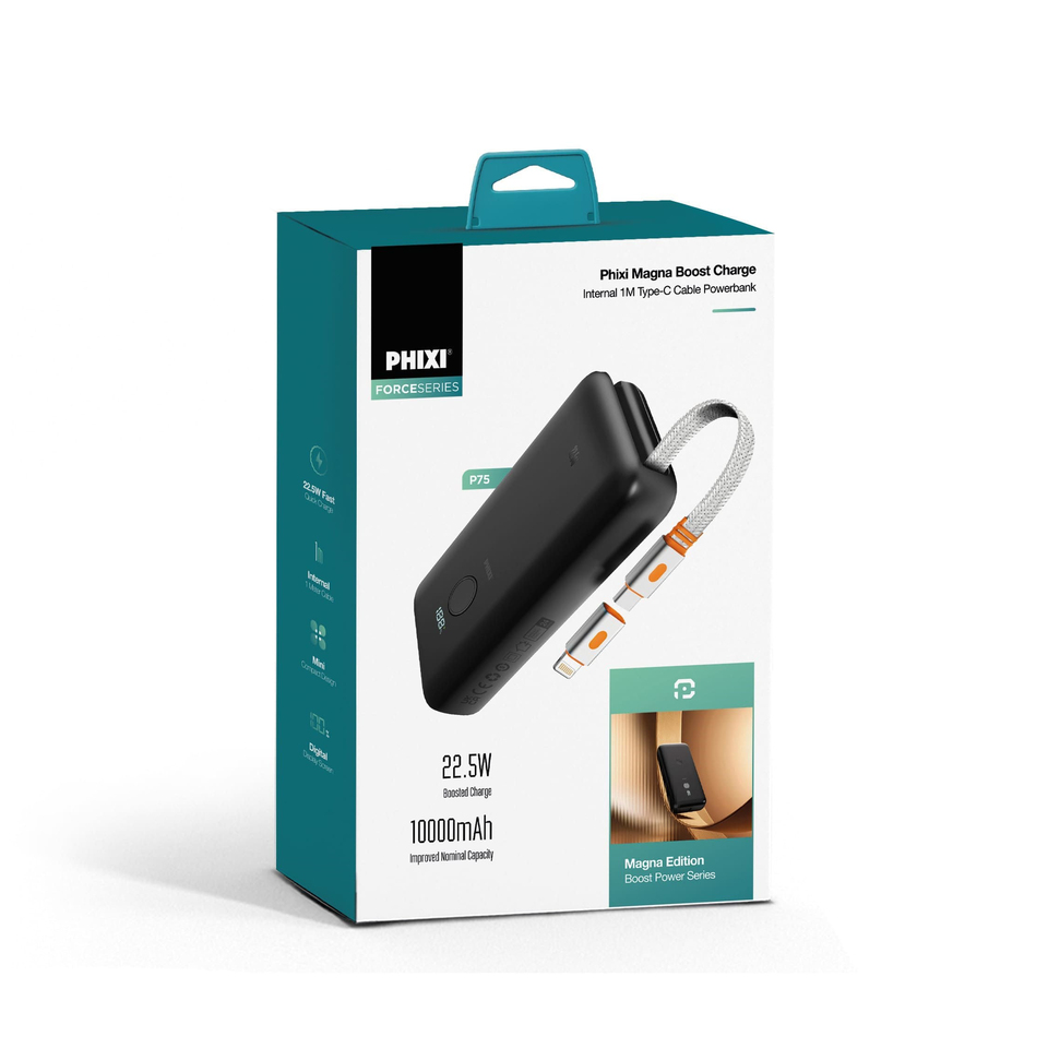 PHIXI Force Serisi P75 10000mAh 22.5W Hızlı Şarj Powerbank – Makaralı Dahili Kablo, Dijital Gösterge