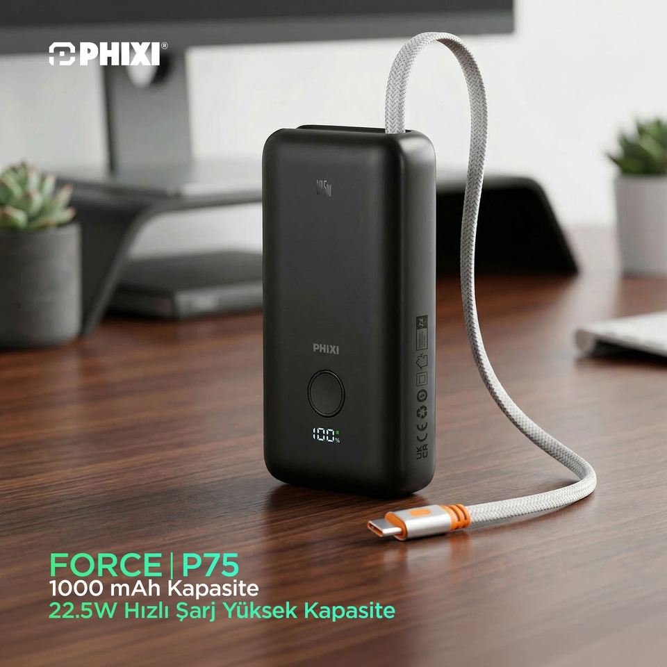 PHIXI Force Serisi P75 10000mAh 22.5W Hızlı Şarj Powerbank – Makaralı Dahili Kablo, Dijital Gösterge