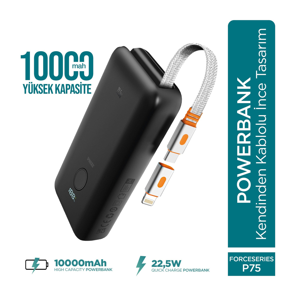 PHIXI Force Serisi P75 10000mAh 22.5W Hızlı Şarj Powerbank – Makaralı Dahili Kablo, Dijital Gösterge