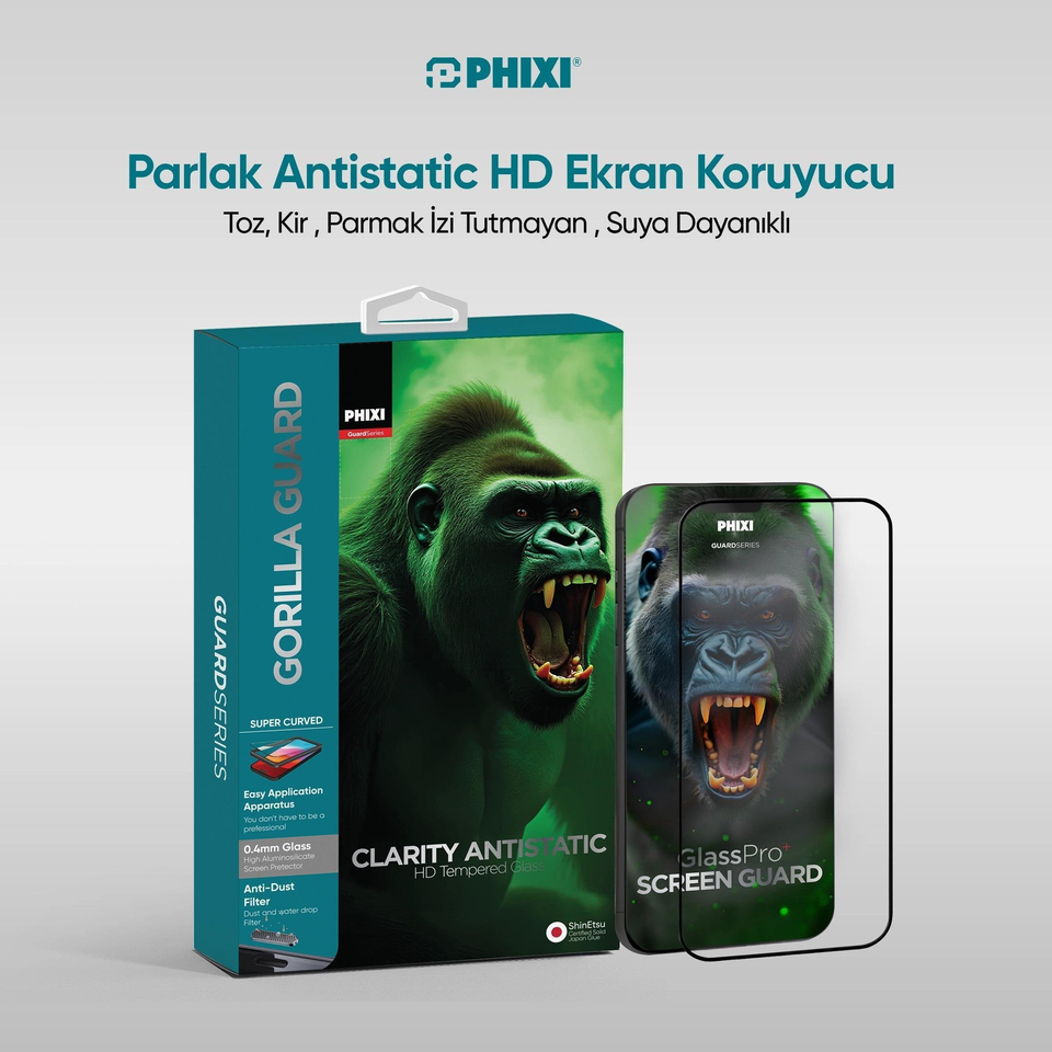 Phixi Gorilla Guard iPhone 16 Kırılmaz Cam – HD Temperli, Tekrar Yapışabilir, Suyla Temizlenebilir, Anti-Statik, Süper Kavisli Ekran Koruyucu