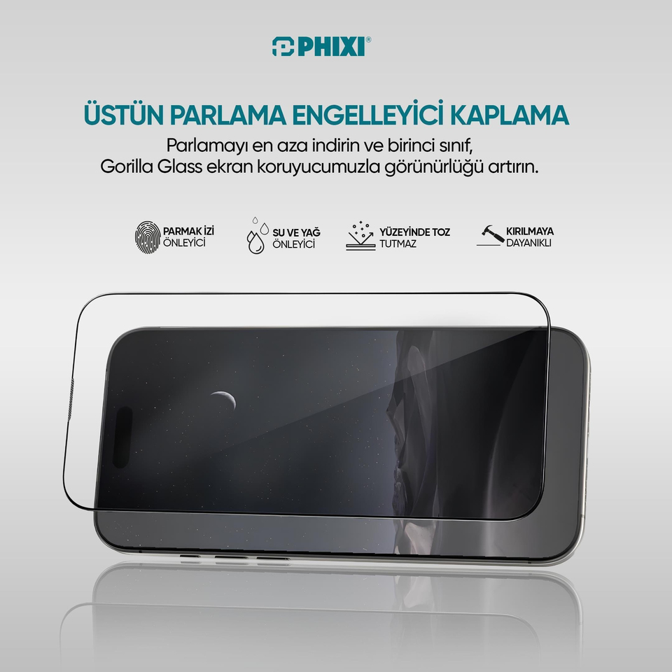 Phixi Gorilla Guard iPhone 16 Pro Kırılmaz Cam – HD Temperli, Tekrar Yapışabilir, Suyla Temizlenebilir, Anti-Statik, Süper Kavisli Ekran Koruyucu