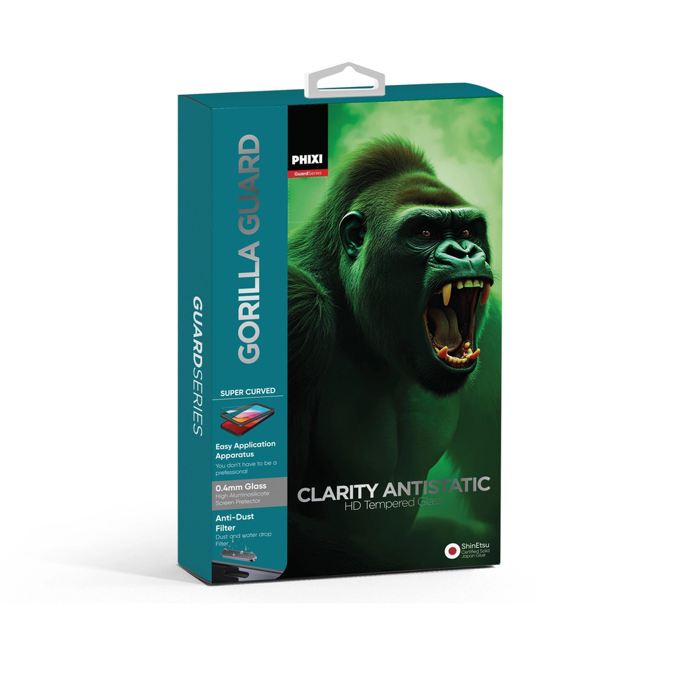 Phixi Gorilla Guard iPhone 16 Pro Kırılmaz Cam – HD Temperli, Tekrar Yapışabilir, Suyla Temizlenebilir, Anti-Statik, Süper Kavisli Ekran Koruyucu