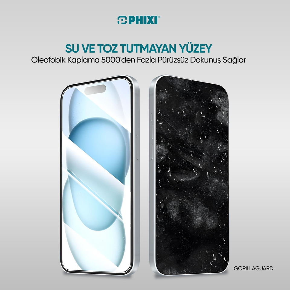 Phixi Gorilla Guard iPhone 16 Pro Kırılmaz Cam – HD Temperli, Tekrar Yapışabilir, Suyla Temizlenebilir, Anti-Statik, Süper Kavisli Ekran Koruyucu