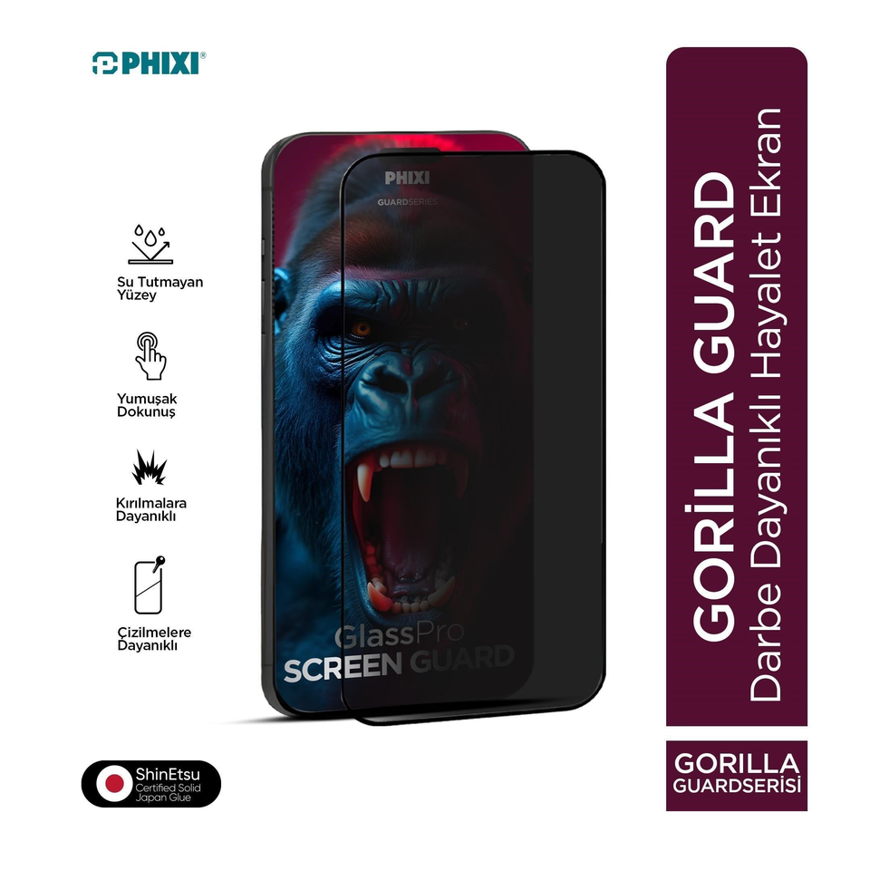 Phixi Hayalet Gorilla Guard iPhone 14 Pro Max Kırılmaz Cam – HD Temperli, Tekrar Yapışabilir, Suyla Temizlenebilir, Anti-Statik, Süper Kavisli Ekran Koruyucu