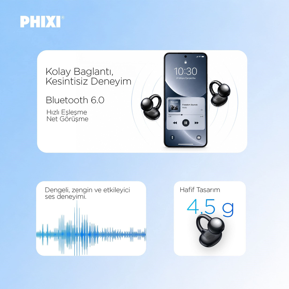 PHIXI Massive C50 Bluetooth 6.0 Clips Earbuds Kablosuz Kulaklık