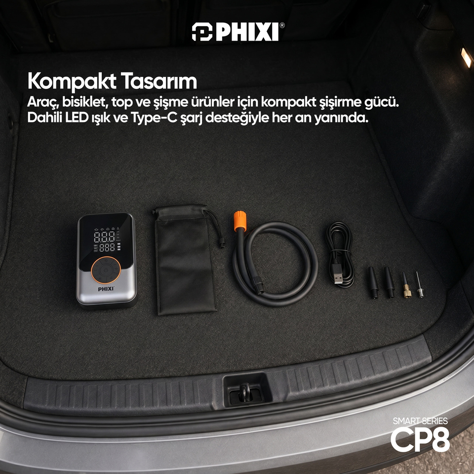 PHIXI Smart CP8 150 PSI Dijital Ekranlı 3000 mAh Şarjlı Hava Kompresörü
