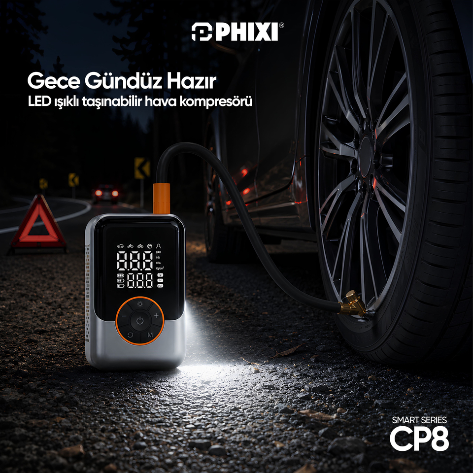 PHIXI Smart CP8 150 PSI Dijital Ekranlı 3000 mAh Şarjlı Hava Kompresörü